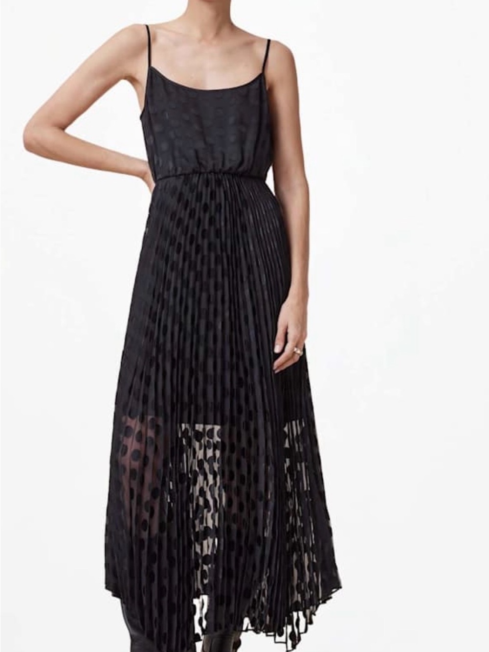 AllSaints Leia 2 in one  Black Polka Dot Pleated Midi Slip Dress